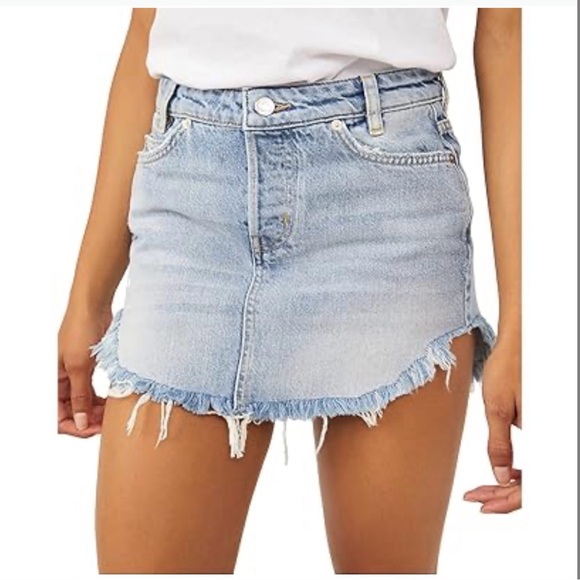 Free People Dresses & Skirts - Free People Light Wash Denim Mini Skirt with Frayed Hem